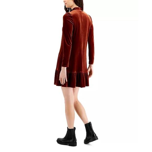 Taylor Rust Red Orange Velvet Long Sleeve Trapeze Mini Dress - Size 10 - Picture 7 of 10
